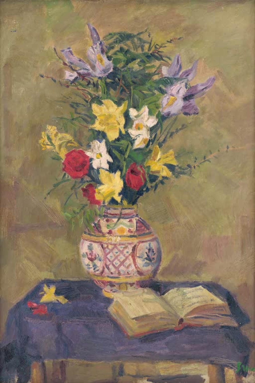 Blumenstillleben mit harmonischer Farbgebung, Gemälde „Blumen“ von Gustav Mally als Kunstdruck