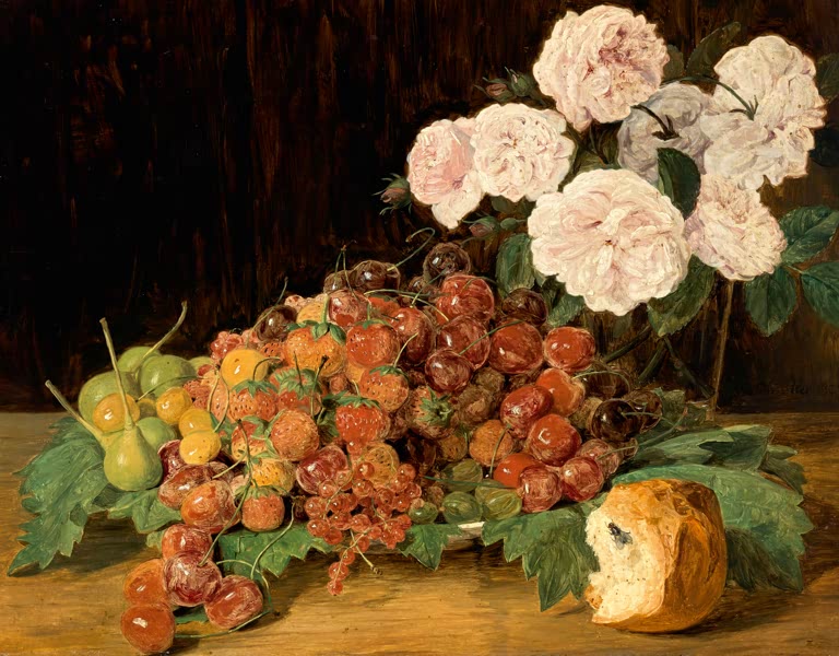 Stillleben mit Rosen, Erdbeeren und Brot von Ferdinand Georg Waldmüller – florale Komposition mit Früchten und Gebäck