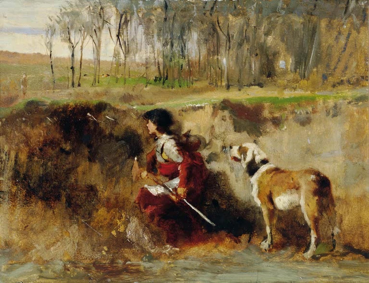 Studie Ritter mit Hund von Johann Till dem Jüngeren, historisierende Darstellung eines Ritters in Rüstung mit Hund