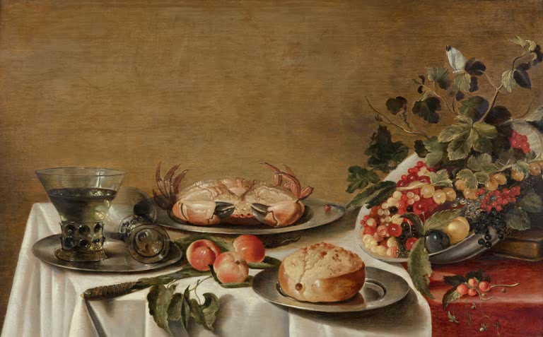 Stillleben mit Obst, Krabbe und Brot von Floris van Schooten – holländisches Barockgemälde mit Speisenarrangement