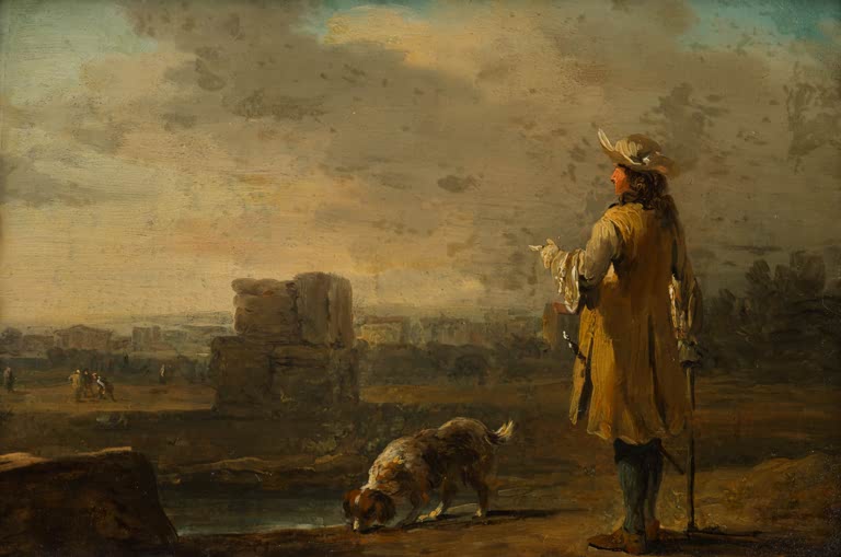 Herr mit Hund in Landschaft | Johann Christian Brand