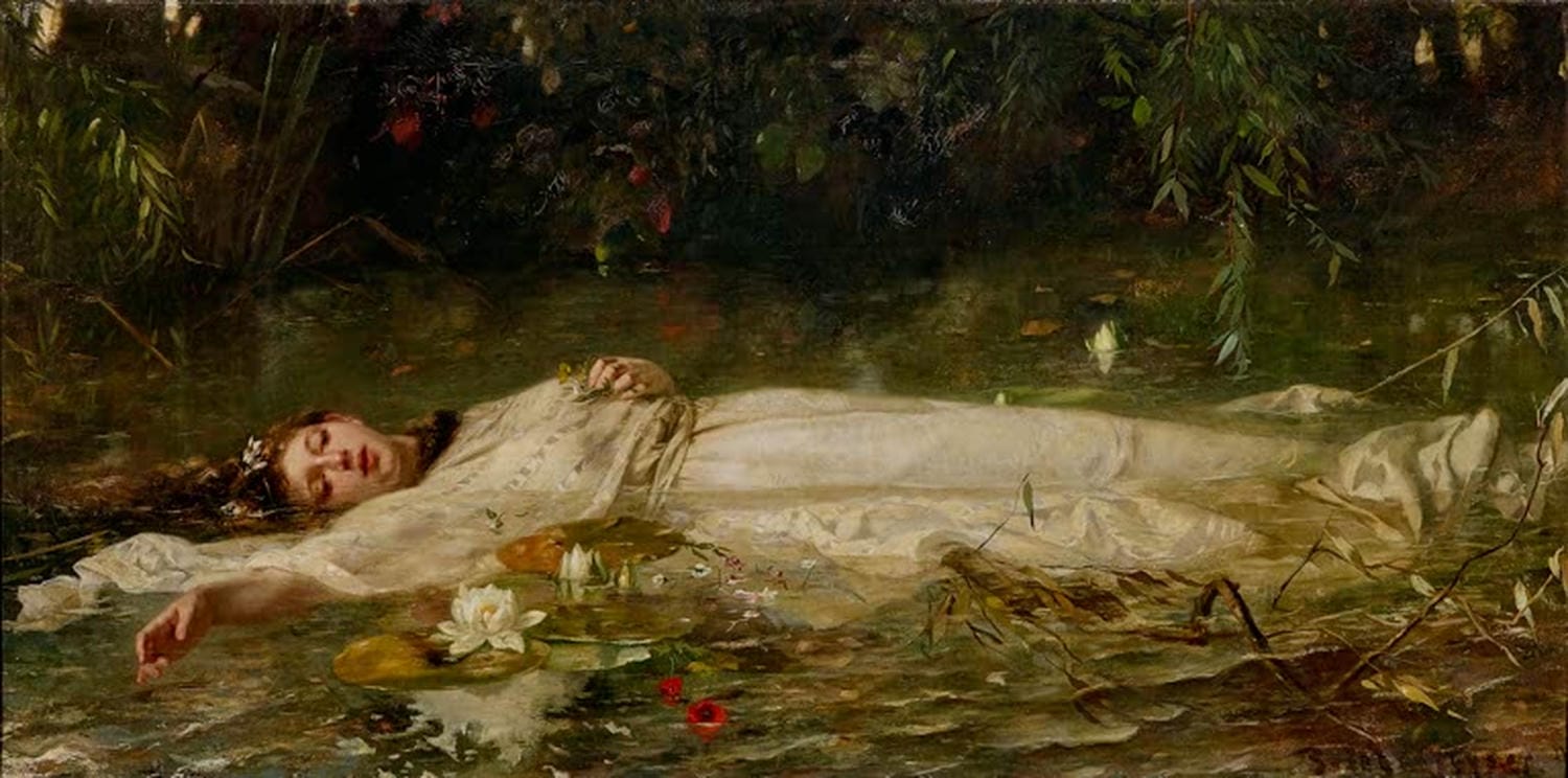 Gemälde "Ophelia“ von Friedrich Heyser – symbolistische Darstellung der Shakespeare-Figur im Wasser, um 1900.