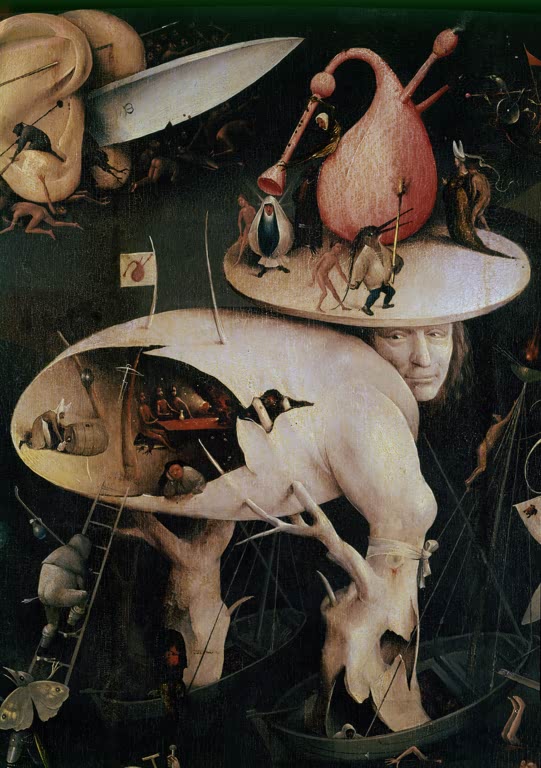 Ausschnitt aus "Garten der Lüste" von Hieronymus Bosch mit dem Baummenschen und surrealen Höllenszenen.