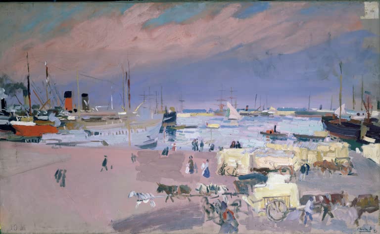 "Hafen von Valencia" von Joaquín Sorolla – impressionistische Hafenszene mit Booten und mediterraner Lichtstimmung.