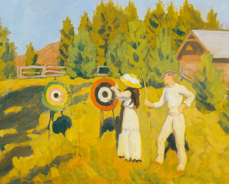 Bogenschützen in ruhiger Landschaft, Gemälde von Károly Ferenczy als Kunstdruck