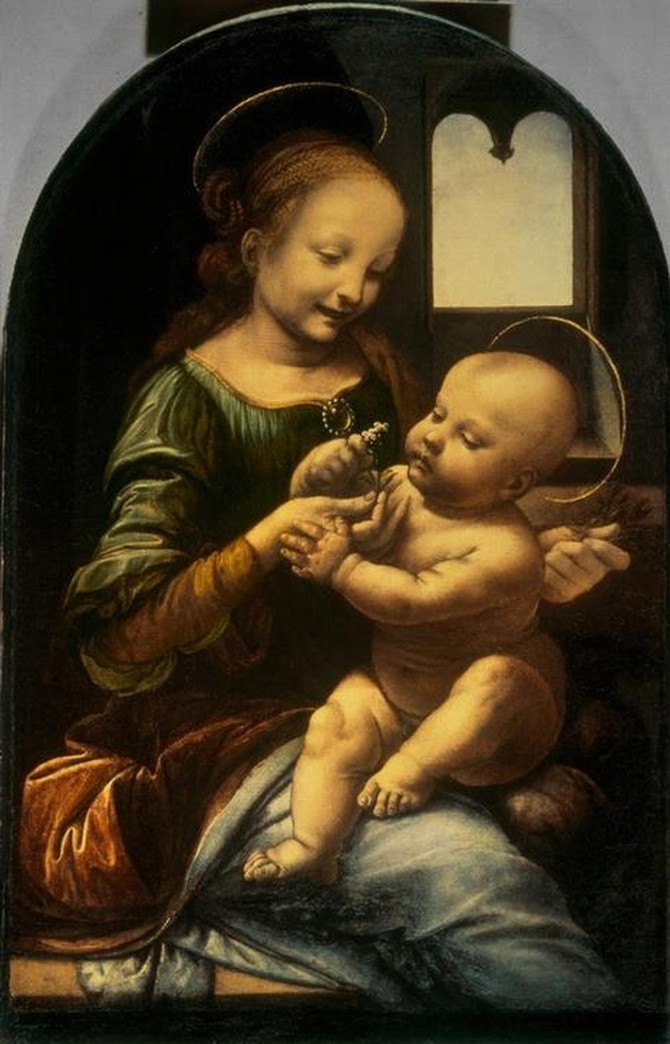 Leonardo da Vinci Gemälde „Madonna mit der Blume (Madonna Benois)“ – Renaissance-Porträt der Madonna mit dem Jesuskind und einer Blume.