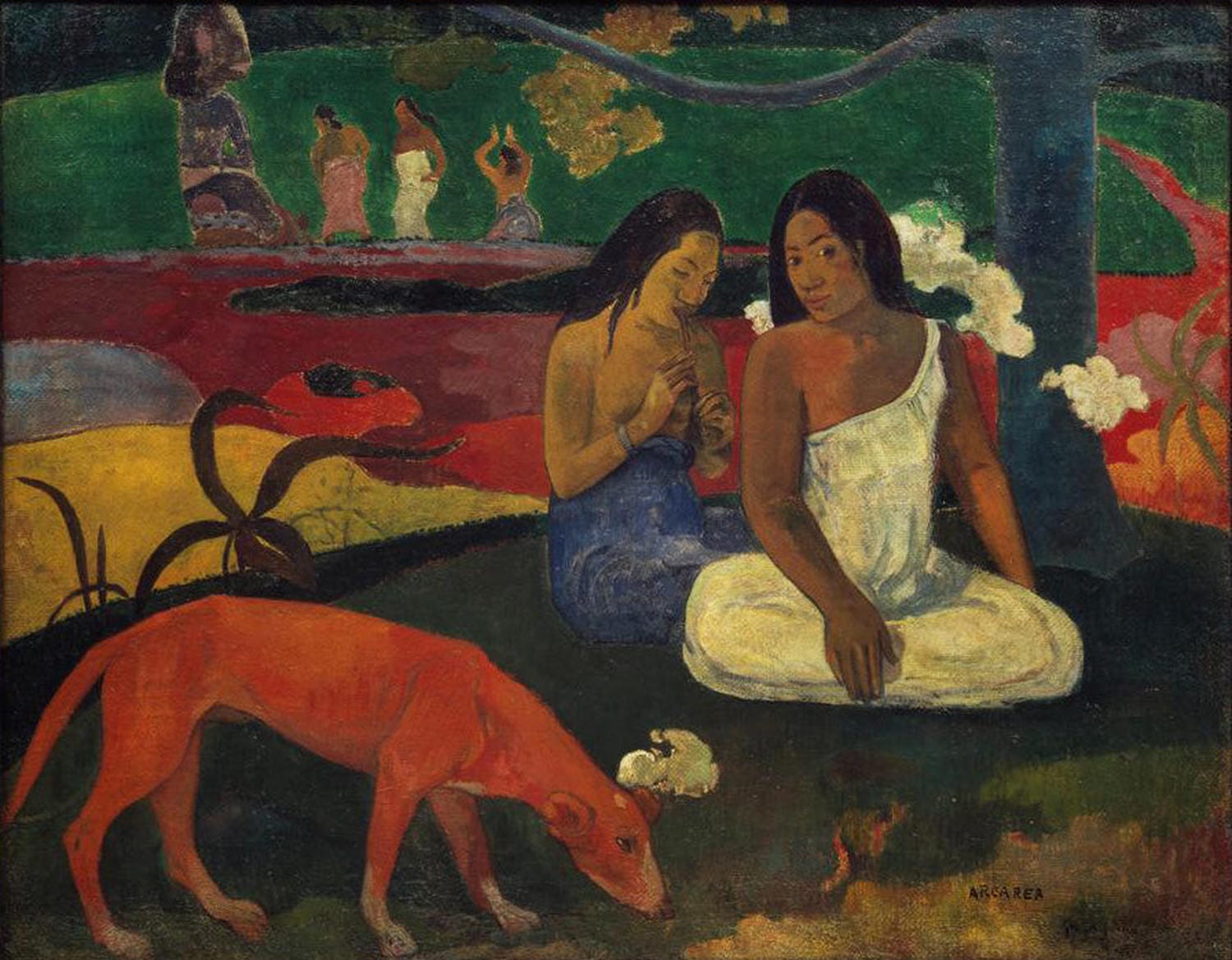 „Arearea“ von Paul Gauguin – Eine leuchtende Darstellung der tahitianischen Inselwelt, die Lebensfreude und Exotik in kräftigen Farben einfängt.