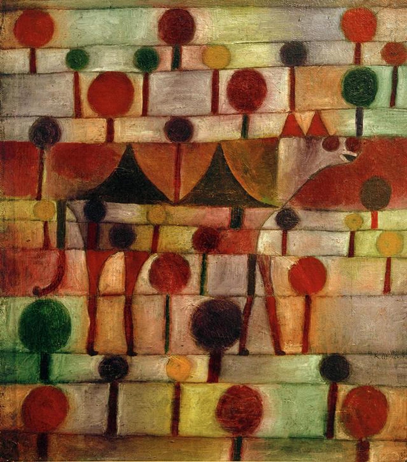 Abstrakte Darstellung eines Kamels in stilisierter Landschaft mit rhythmischen Baumformen in warmen Erdtönen und präzisen Linien.