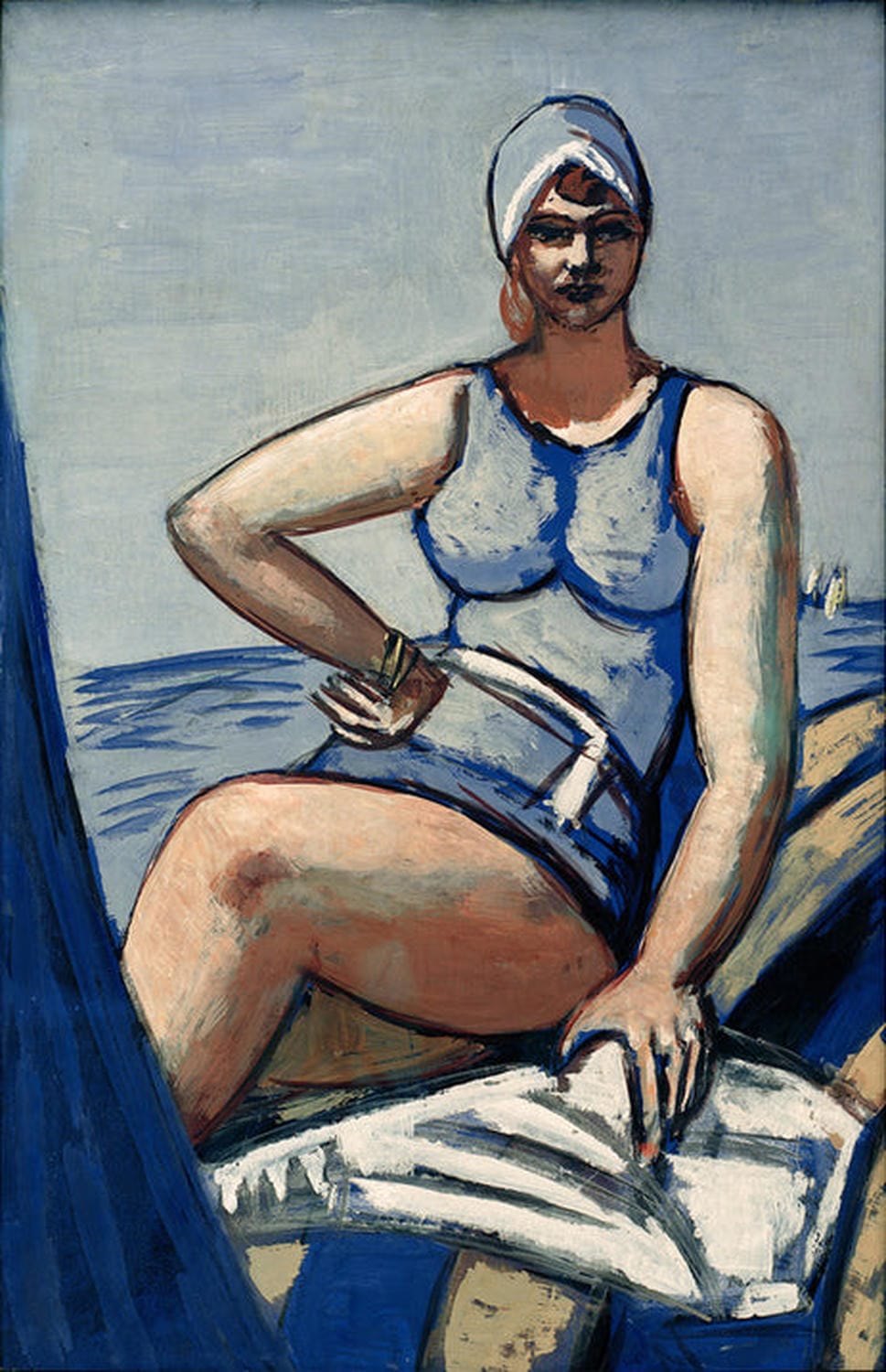 Kunstdruck von Max Beckmanns „Quappi in Blau im Boot“ (1926), ein expressionistisches Gemälde einer Frau im Boot auf dem Wasser.