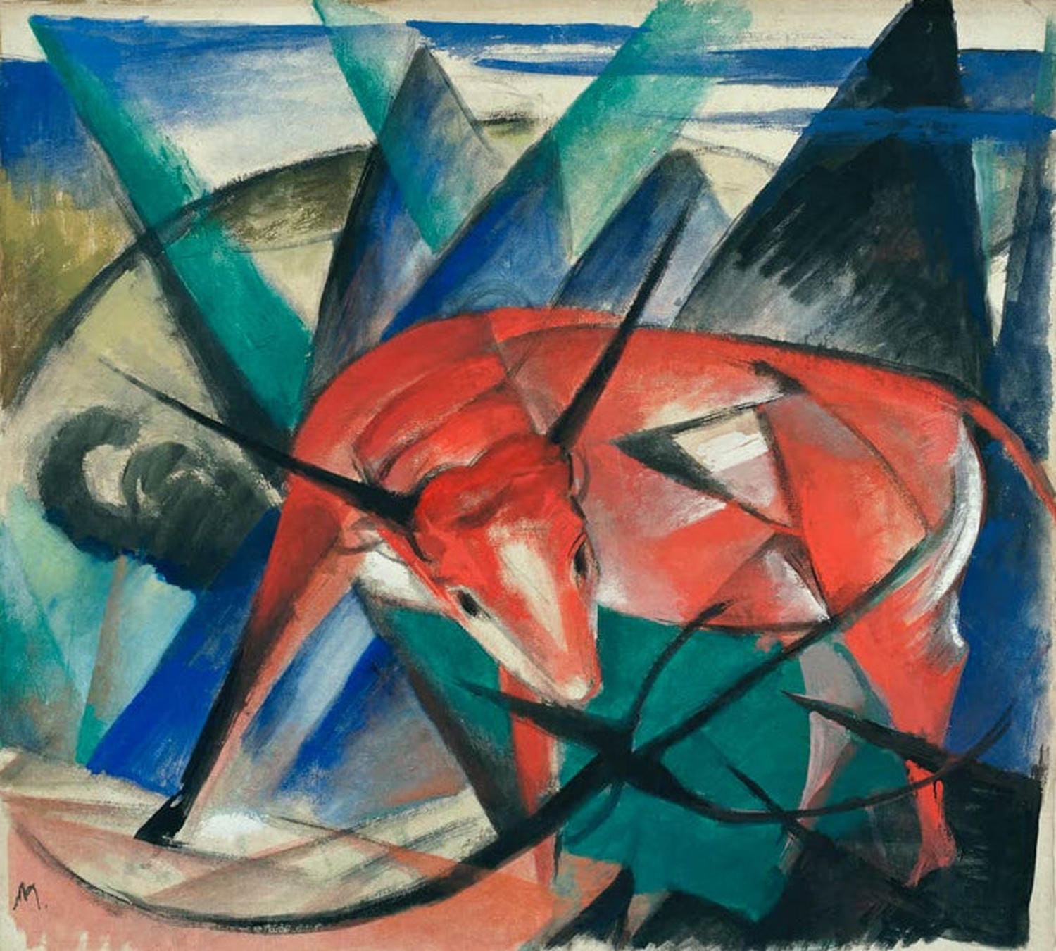Kunstdruck „Stier“ von Franz Marc – expressionistisches Tierporträt eines Stiers als hochwertiger Kunstdruck, auf Leinwand oder Poster, optional gerahmt, handgefertigt in Deutschland.