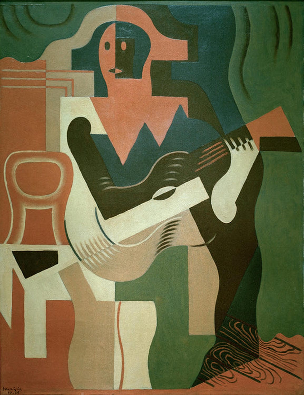 Kunstdruck von Juan Gris' „Sitzender Harlekin mit Gitarre“ (1919), ein kubistisches Gemälde eines Harlekins mit Gitarre.