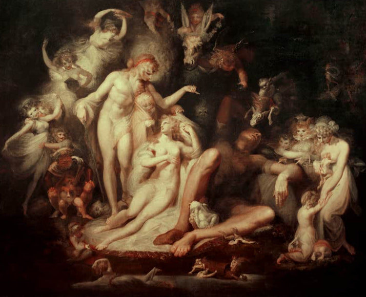 Kunstdruck des Gemäldes Titanias Erwachen von Johann Heinrich Füssli mit märchenhafter Szene, fantastischen Figuren und traumhafter Atmosphäre.