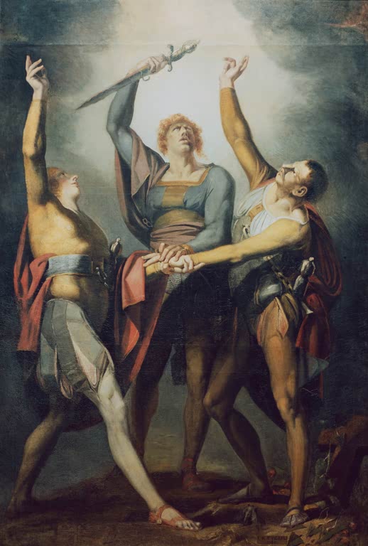 Kunstdruck des Gemäldes Rütlischwur von Johann Heinrich Füssli mit historischer Schwurszene, dramatischer Figurenkomposition und klassischer Atmosphäre.