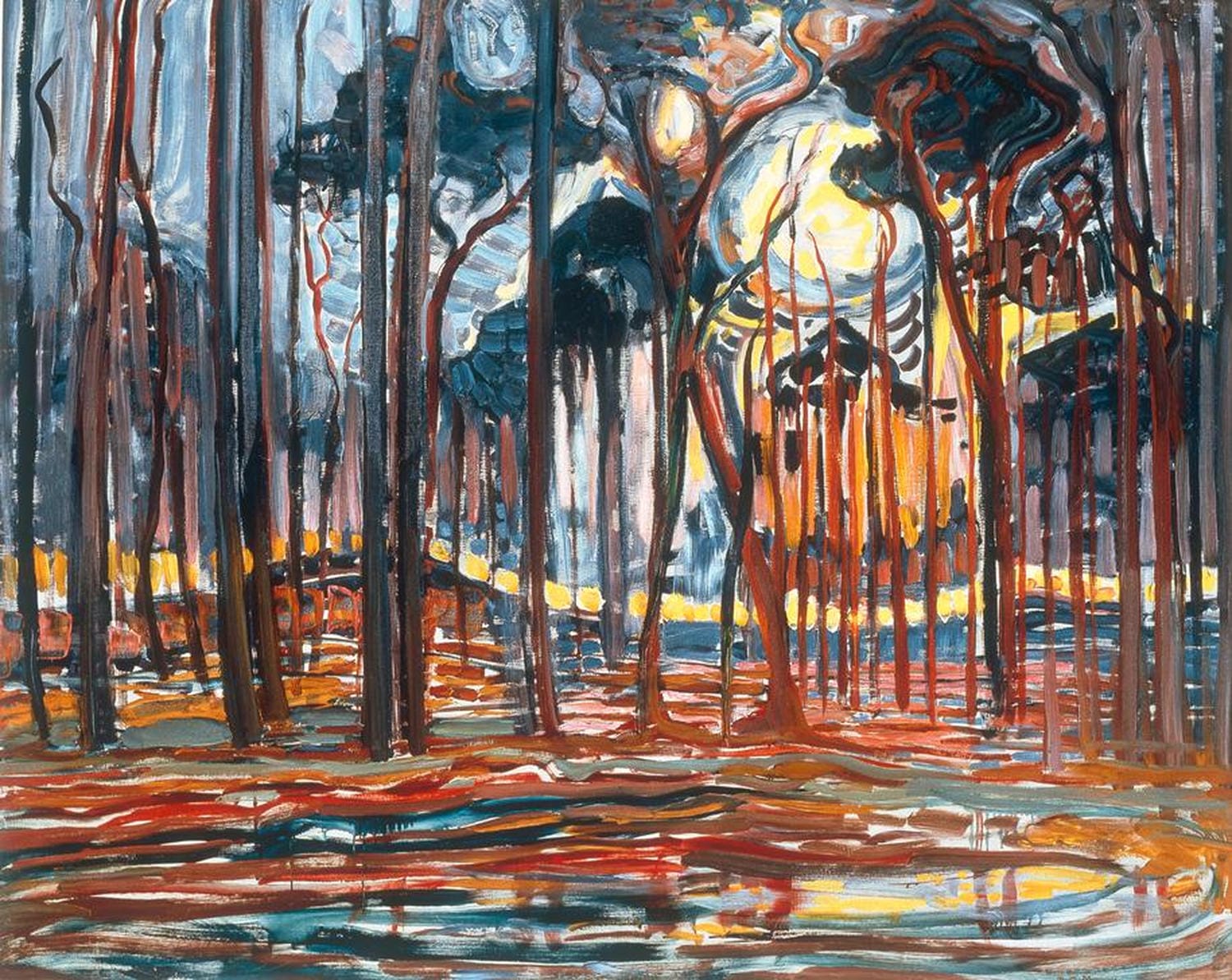 Waldlandschaft mit Bäumen und Lichtspiel in Erdtönen, frühes Werk von Piet Mondrian.