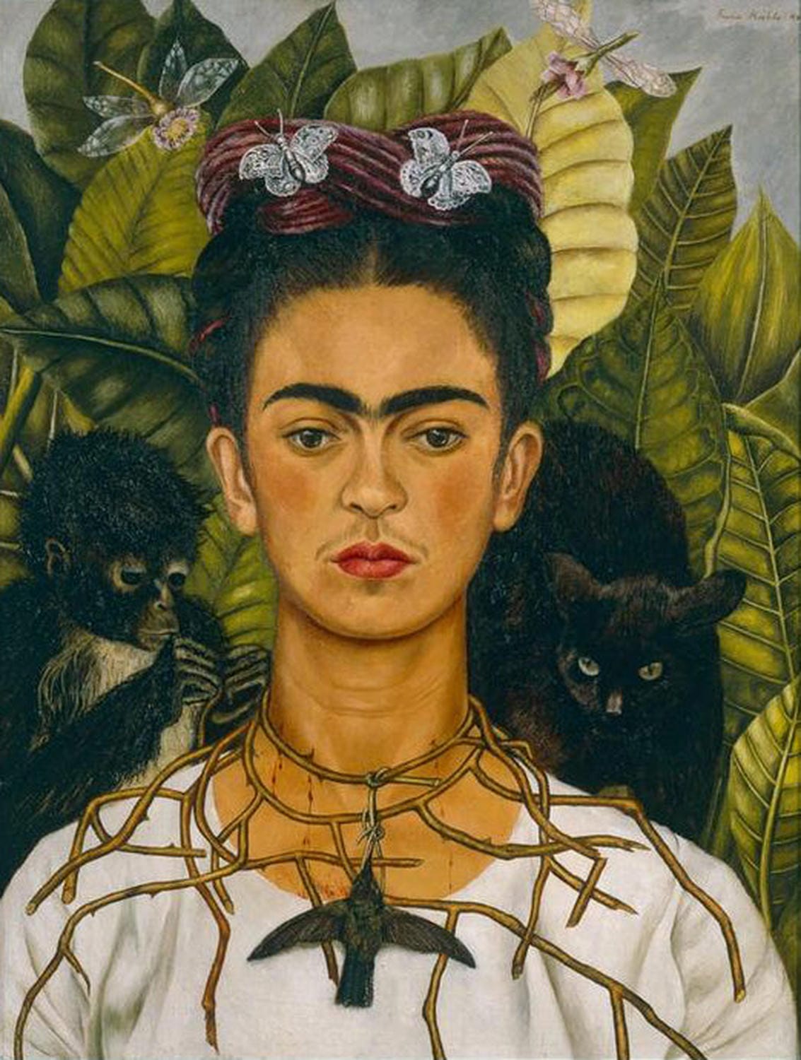 Kunstdruck von Frida Kahlos Selbstbildnis mit Dornenhalsband, das die Künstlerin mit einem Dornenhalsband zeigt, von dem ein toter Kolibri hängt, umgeben von weiteren Tieren, die die emotionale Intensität des Werks verstärken.