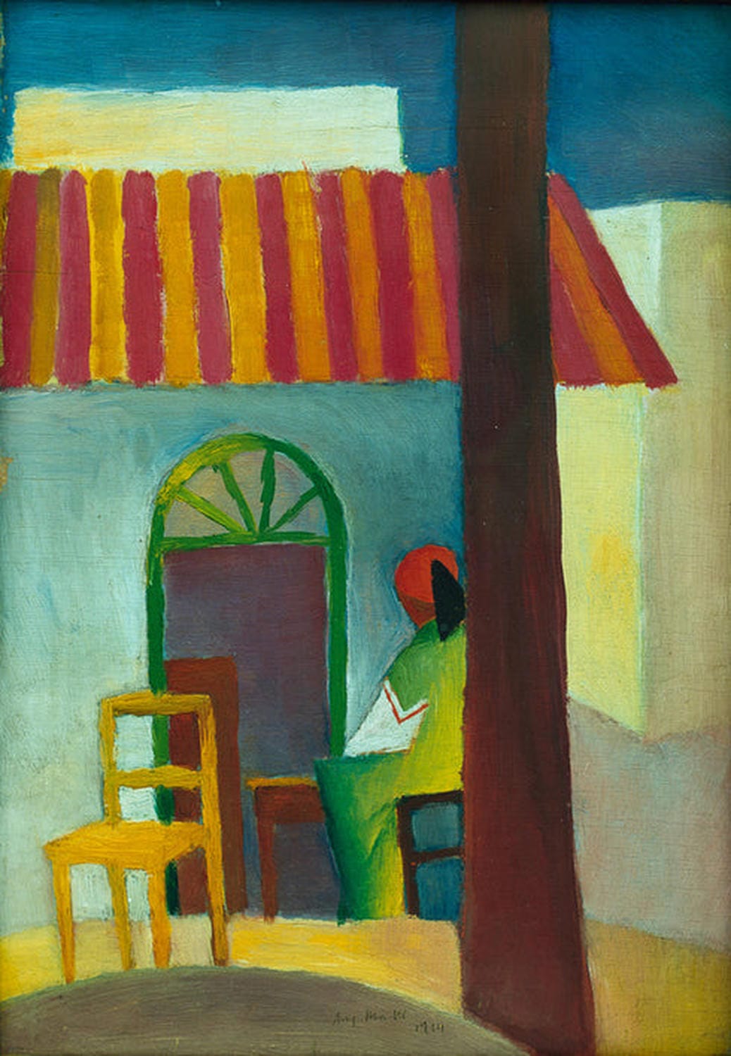Gemälde 'Türkisches Café' von August Macke: Expressionistische Darstellung eines lebhaften türkischen Cafés mit stilisierten Figuren und kräftigen Farben, die eine dynamische und energiegeladene Atmosphäre schaffen.