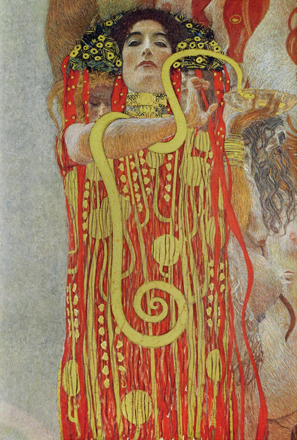 Symbolistische Darstellung der Göttin Hygieia von Gustav Klimt mit goldenen und mystischen Elementen.