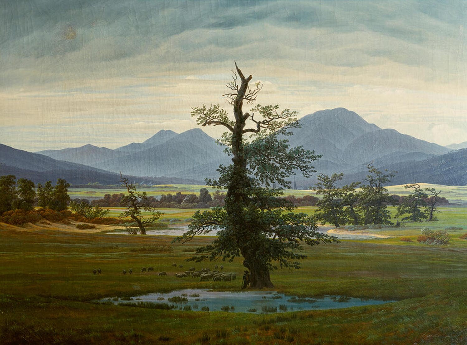 Landschaft mit einem alleinstehenden Baum in weiter Natur, Gemälde von Caspar David Friedrich.