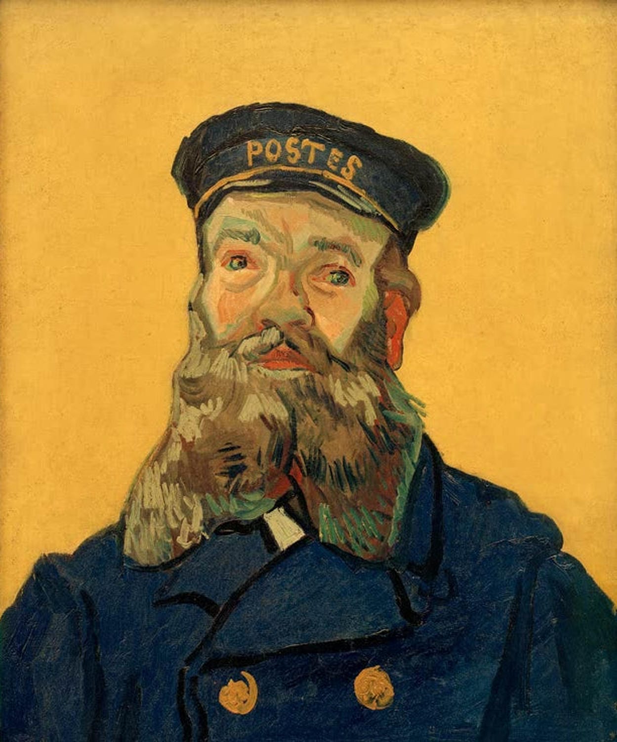 „Der Briefträger Joseph Roulin“ von Vincent van Gogh – markantes postimpressionistisches Porträt des Briefträgers mit expressiven Pinselstrichen und intensiver Farbgebung.