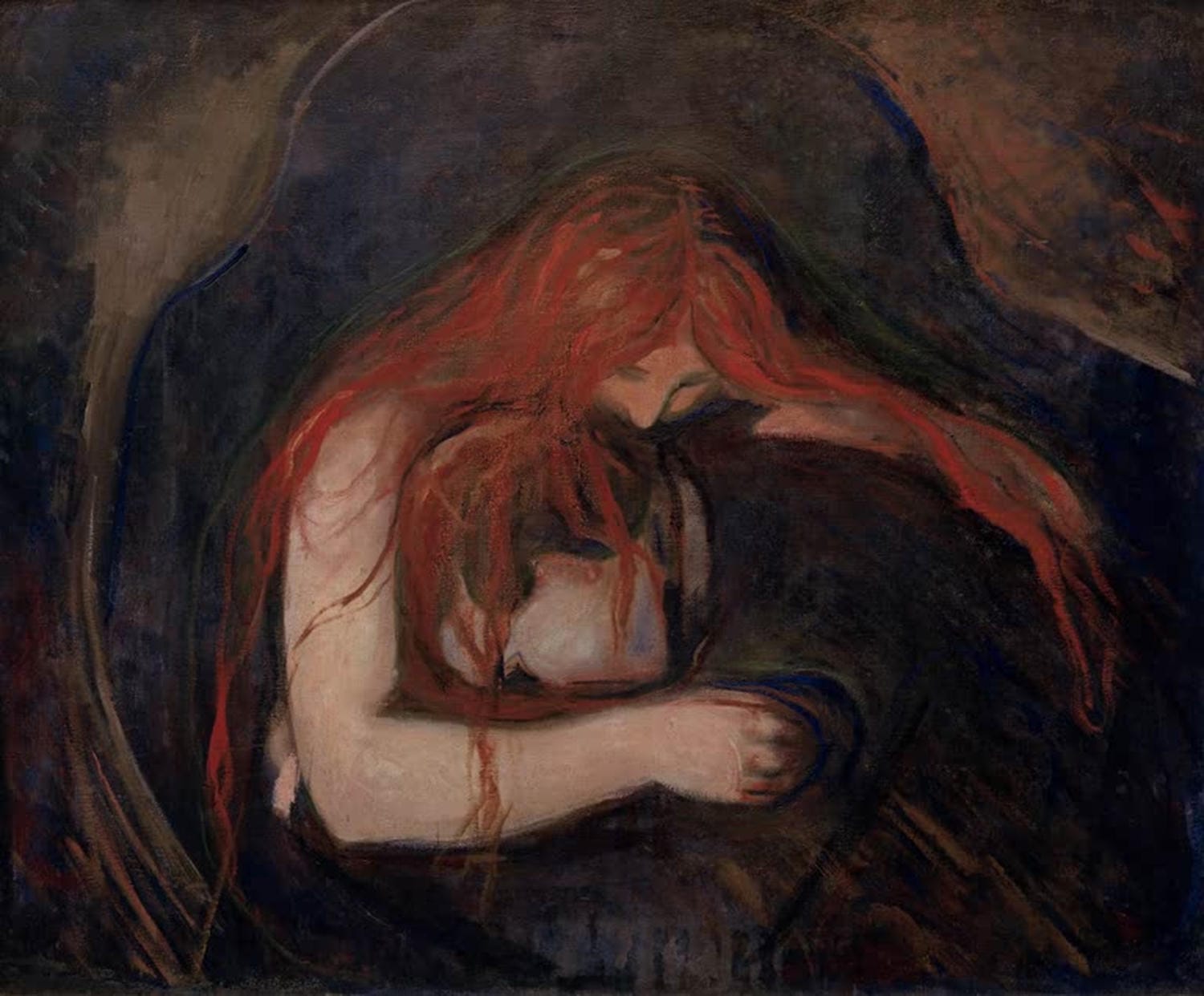 Edvard Munch Gemälde „Vampir“ – expressionistisches Bild einer umarmenden Figur mit rotem Haar, das eine geheimnisvolle und düstere Atmosphäre schafft.