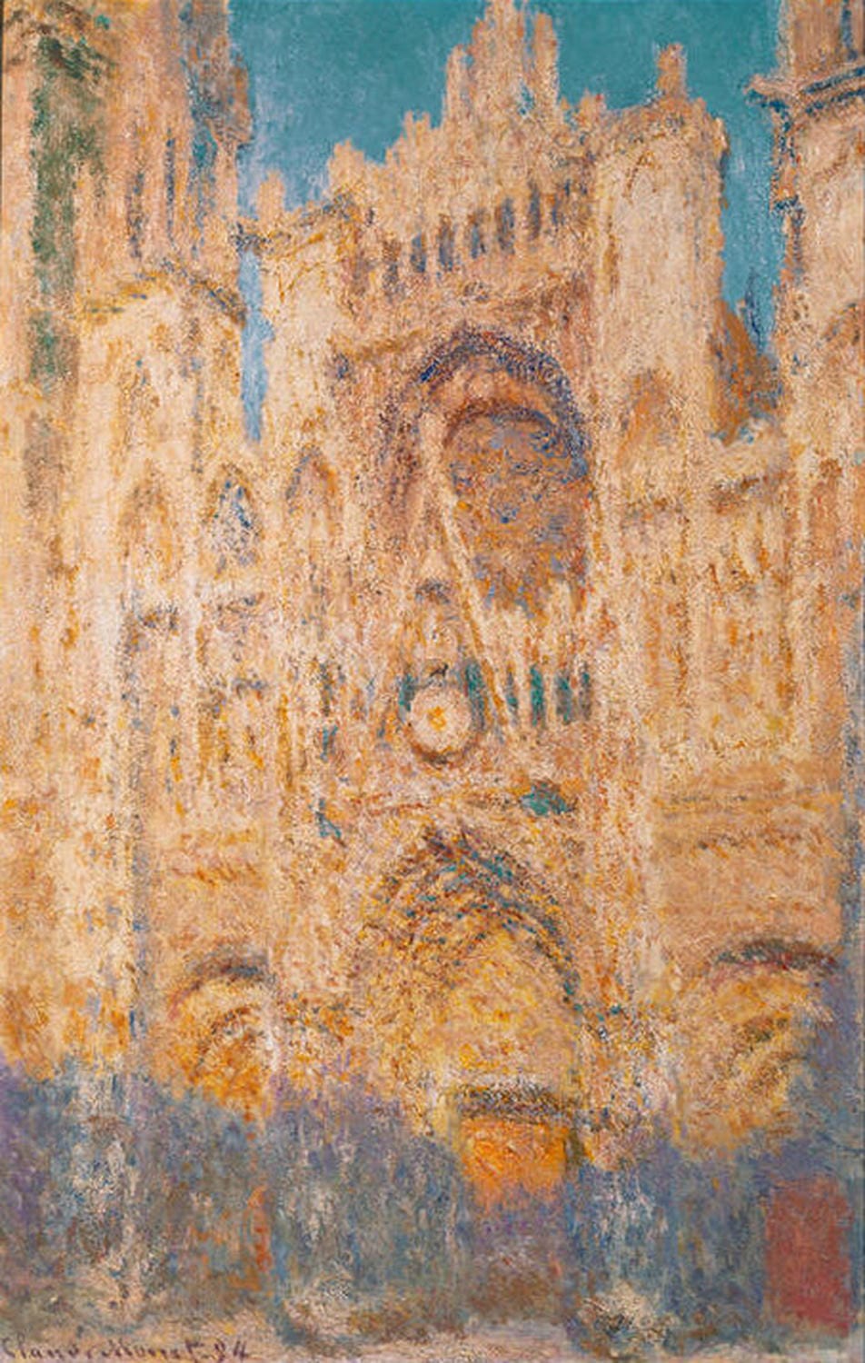 Die Kathedrale von Rouen am Abend von Claude Monet: Impressionistisches Gemälde der Kathedrale bei Dämmerung, mit sanften Licht- und Farbnuancen, die die Fassade in einem ruhigen, abendlichen Ambiente erstrahlen lassen.
