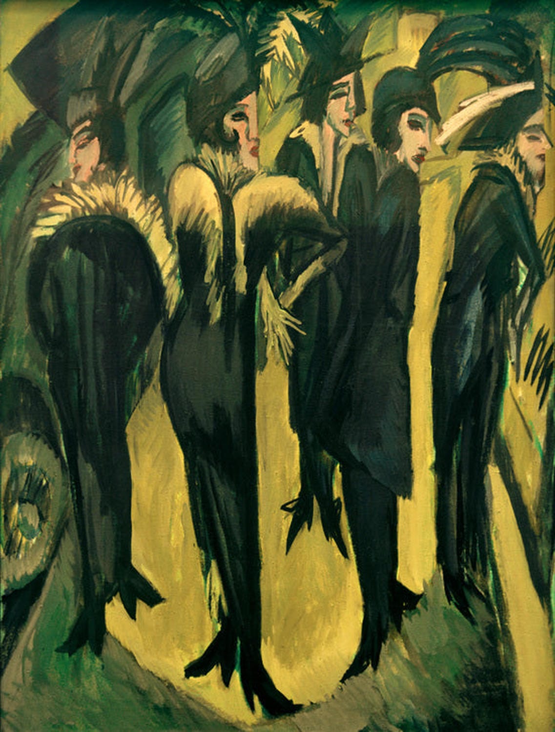 Ernst Ludwig Kirchners 'Fünf Frauen auf der Straße', zeigt fünf Frauen in einer dynamischen, expressionistischen Darstellung der städtischen Atmosphäre Berlins.