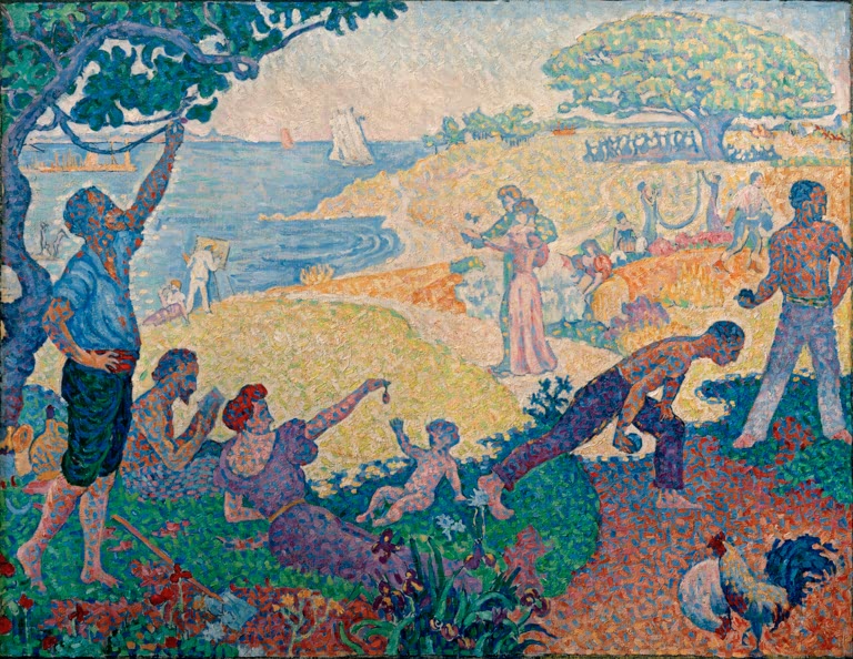 „Die Zeit der Harmonie“ von Paul Signac – farbenfrohe neoimpressionistische Landschaft mit Menschen und idyllischer Natur.