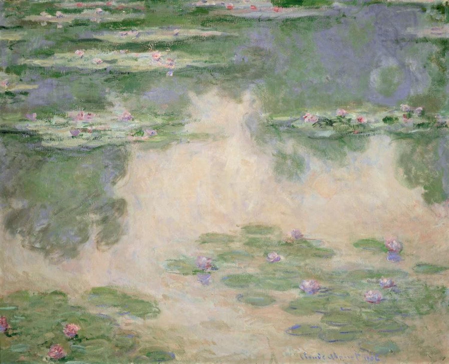 Seerosen von Claude Monet: Impressionistisches Gemälde eines Teichs mit schwimmenden Seerosen in sanften Rosa-, Grün- und Blautönen, durchzogen von natürlichen Lichtreflexionen.