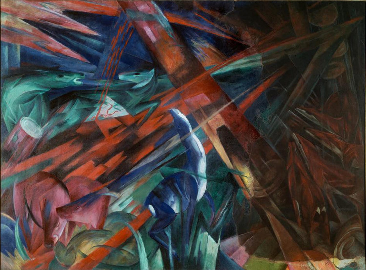 Tierschicksale von Franz Marc: Dynamische Darstellung von Tieren in leuchtenden Farben und kantigen Formen, symbolisch für Zerrissenheit und Naturleid.