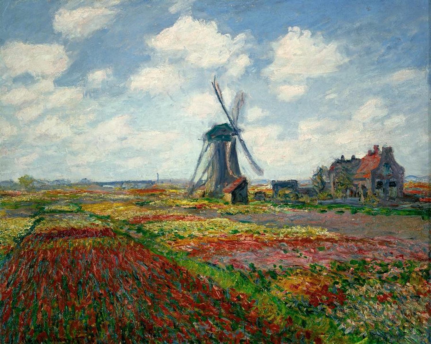 Impressionistisches Gemälde blühender Tulpenfelder mit leuchtenden roten, gelben und rosa Blüten. Monets lockerer Pinselstrich zeigt die farbenfrohe holländische Landschaft unter einem hellen Himmel mit charakteristischer Lichtführung.