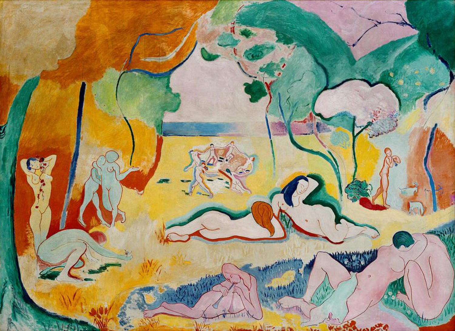 Kunstdruck von Henri Matisses Lebensfreude, das tanzende und musizierende Figuren in einer lebhaften Landschaft darstellt.