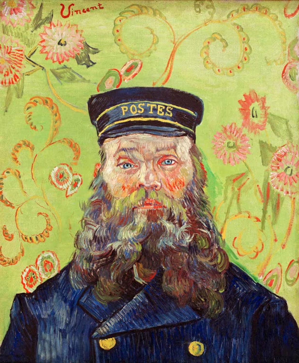 „Joseph-Etienne Roulin“ von Vincent van Gogh: Porträt des Postbeamten Roulin in kräftigen Farben und dynamischen, sichtbaren Pinselstrichen dargestellt.