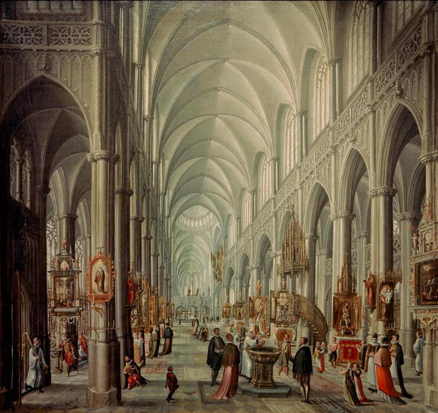 Präzise Innenansicht einer gotischen Kirche mit Licht- und Schattenspiel – Vredeman de Vries.