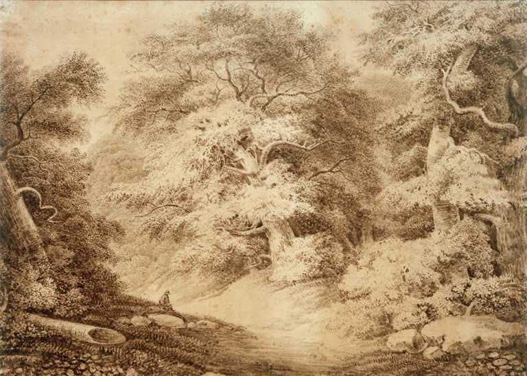 „Alte Buchen auf Rügen (Vilm) mit rastendem Wanderer“ von Caspar David Friedrich – romantische Waldlandschaft mit alten Buchen und Wanderer.