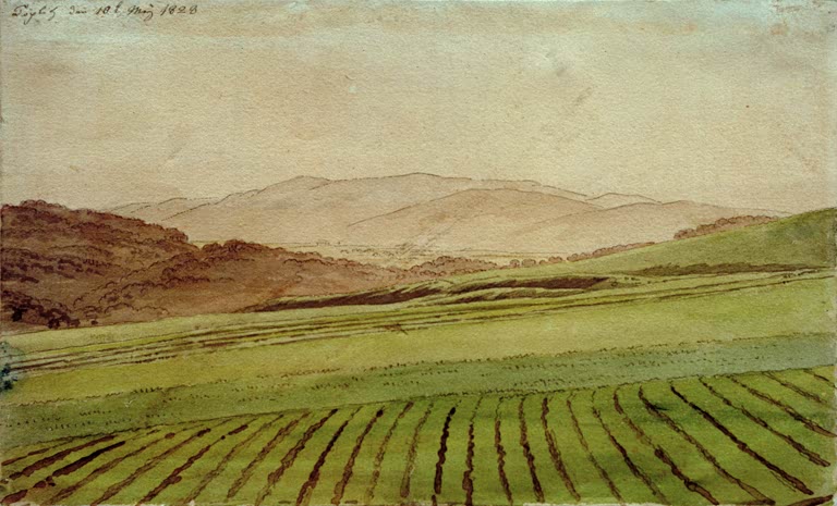 „Böhmische Landschaft“ von Caspar David Friedrich – romantische Landschaft mit bewaldeten Hügeln und weiter Natur.