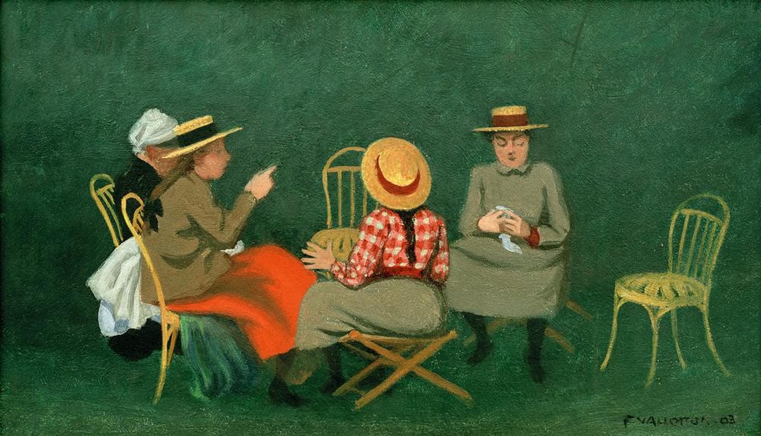 Kunstdruck von Félix Vallottons Im Bois de Boulogne, das eine lebendige Szene im Pariser Stadtpark mit präzisen Linien und lebendigen Farben darstellt.