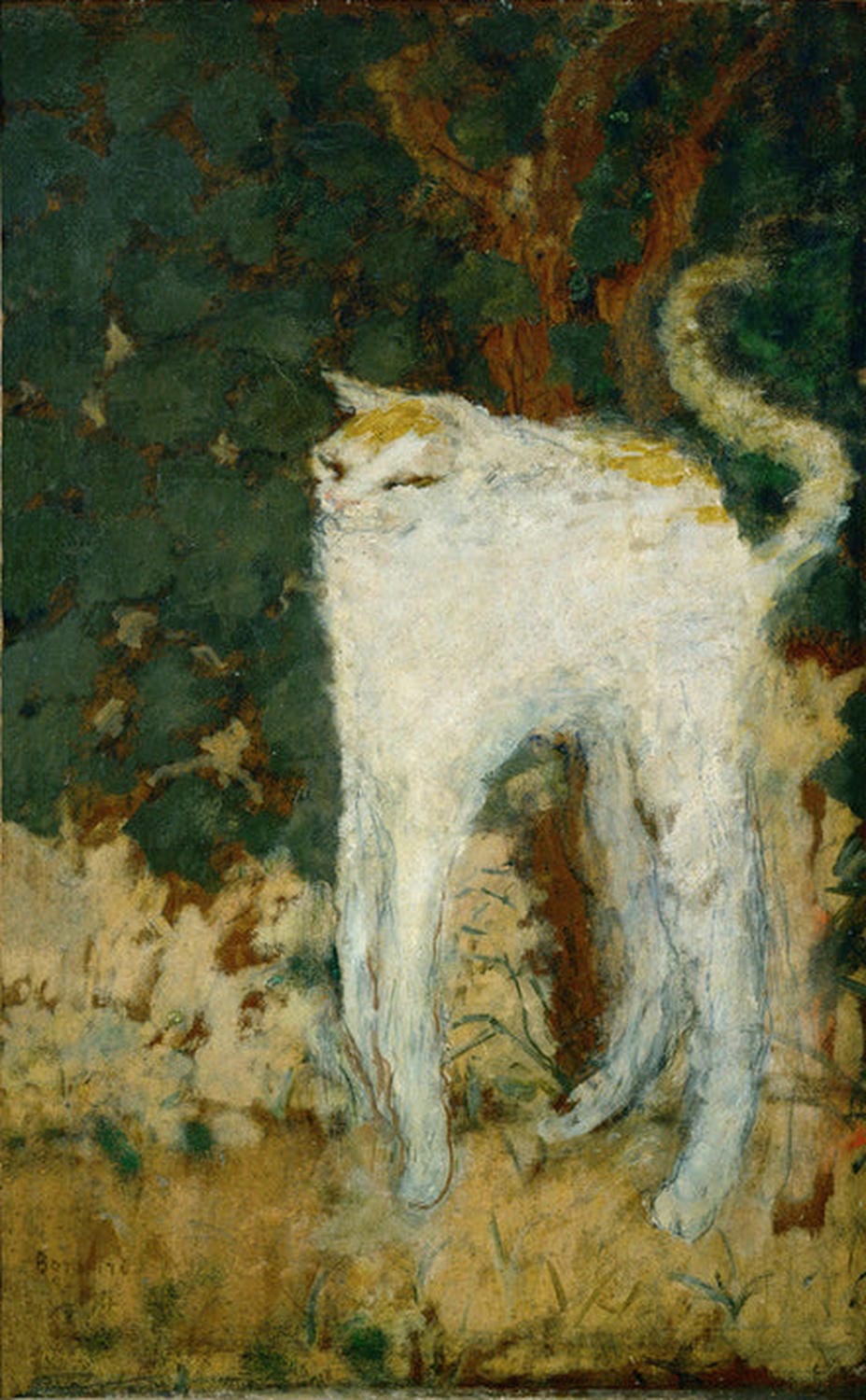 Kunstdruck von Pierre Bonnards „Die weiße Katze“ (1894), ein humorvolles Gemälde einer übertrieben gewölbten weißen Katze mit listigem Ausdruck.