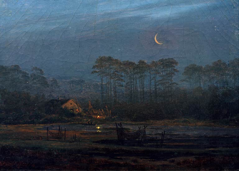 „Einsames Haus am Kiefernwald“ von Caspar David Friedrich – romantische Landschaft mit einem Haus am Rand eines Kiefernwaldes.