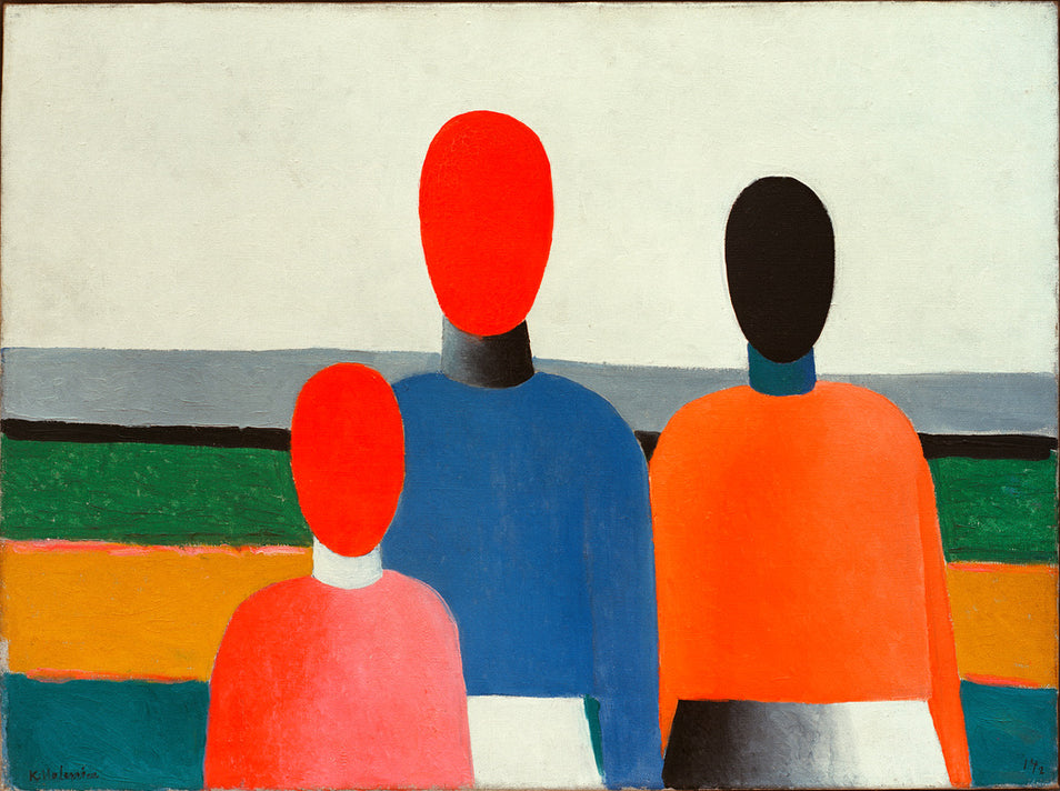 Kunstdruck von Kasimir Malewitschs „Drei weibliche Figuren“ (1928/32), ein abstraktes Gemälde mit drei weiblichen Figuren in lebhaften Farben.