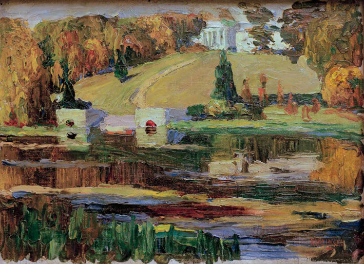 Skizze für Achtyrka – Herbst von Wassily Kandinsky, herbstliche Landschaft mit Wasser und klassizistischem Bau