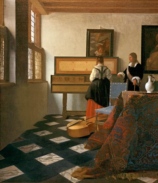 Gemälde „Die Musikstunde“ von Johannes Vermeer mit Frau am Virginal und Herr im Innenraum