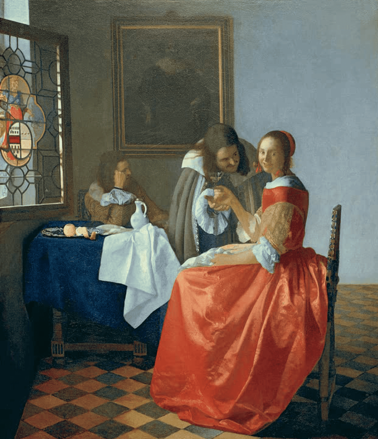 Gemälde „Das Mädchen mit dem Weinglas“ von Johannes Vermeer, barocke Innenraumszene