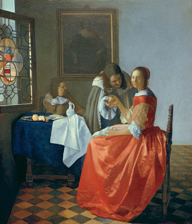 Gemälde „Das Mädchen mit dem Weinglas“ von Johannes Vermeer, barocke Innenraumszene