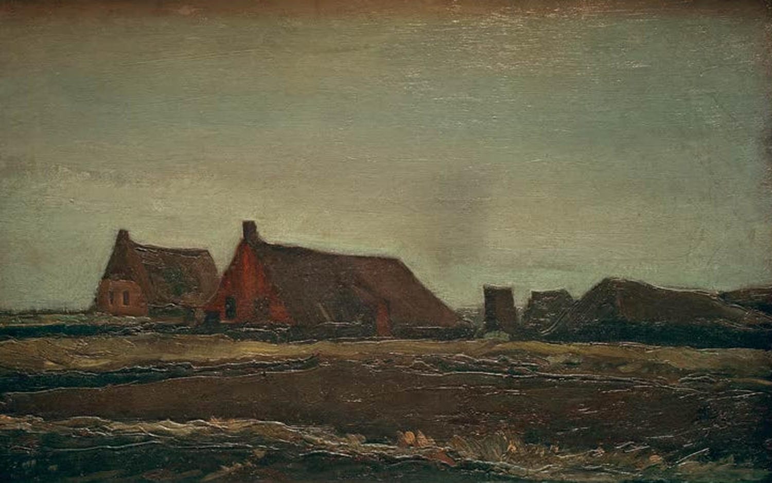 Kunstdruck des Gemäldes „Plaggenhütten“ von Vincent van Gogh mit einfachen Bauernhütten in ländlicher Landschaft, dargestellt in kräftigen Farben und lebendigen Pinselstrichen.