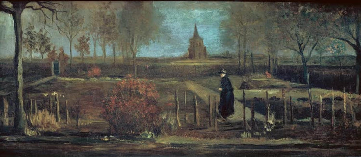 „Pfarrgarten“ von Vincent van Gogh: Garten mit Blumen, Büschen und Wegen in leuchtenden Farben und dynamischen Pinselstrichen dargestellt.