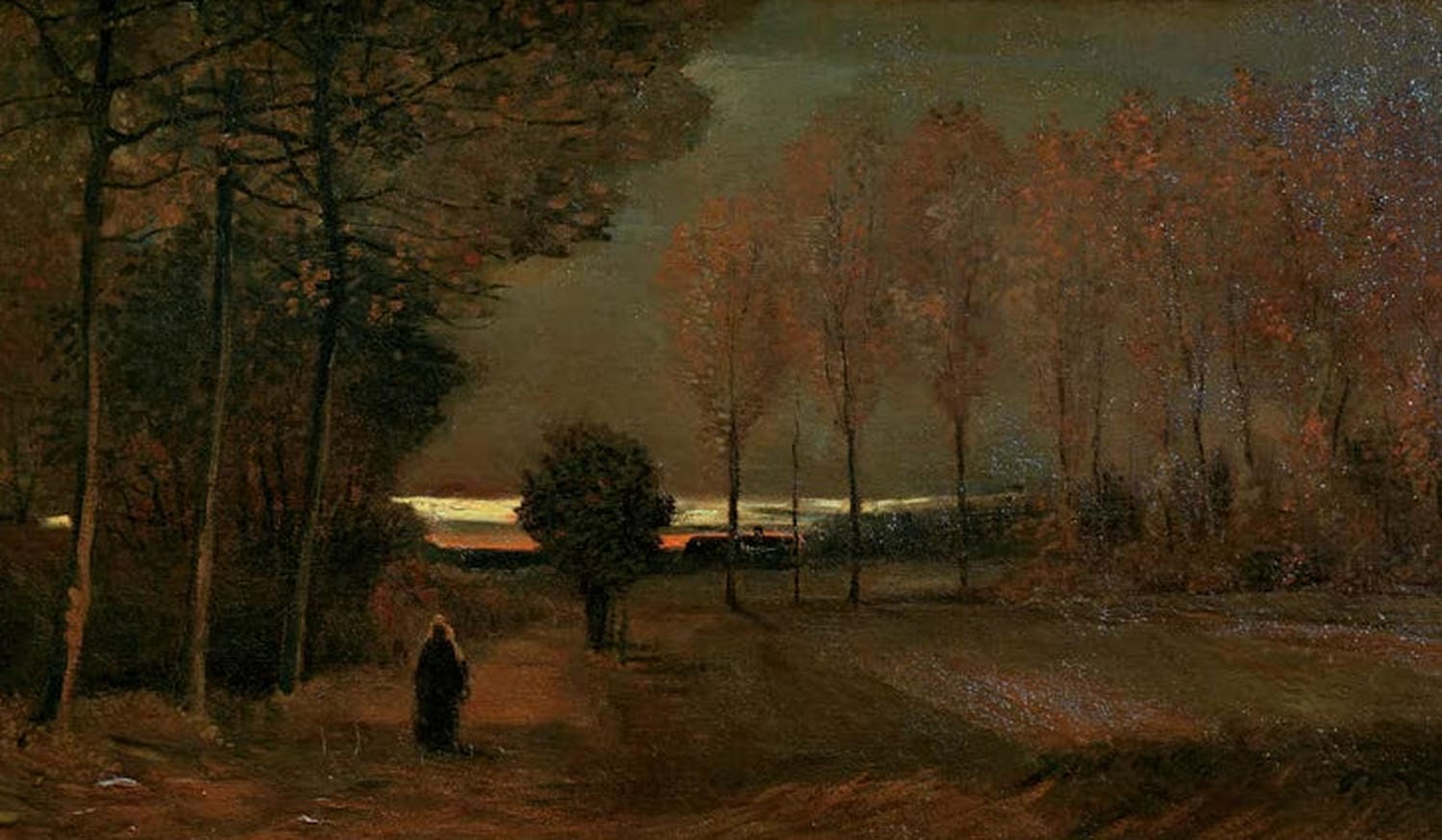 Kunstdruck des Gemäldes „Herbstlandschaft bei Abend“ von Vincent van Gogh mit leuchtenden Herbstfarben, warmem Abendhimmel und expressiven Pinselstrichen – erhältlich als Poster oder Leinwanddruck.