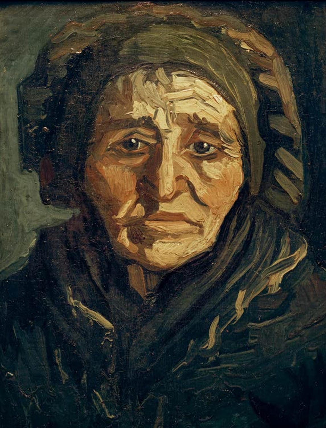 Kunstdruck des Gemäldes „Bäuerin: Alte Frau mit dunkler Haube“ von Vincent van Gogh mit Porträt einer älteren Frau, ausdrucksstarken Farben und charakteristischen Pinselstrichen.
