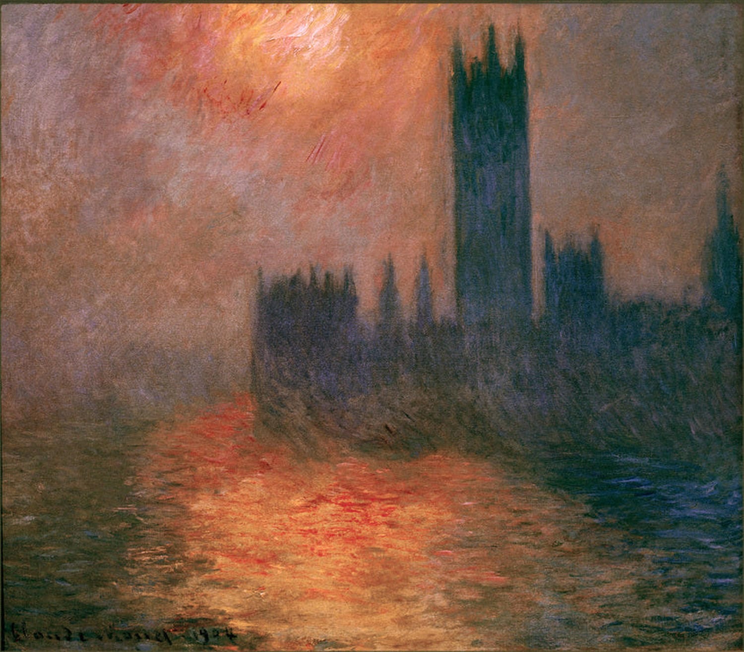 Das Gemälde zeigt das britische Parlament in London bei Sonnenuntergang. Der Himmel ist in warmen Farben von Orange, Rot und Lila erleuchtet, die sich im Wasser der Themse spiegeln.