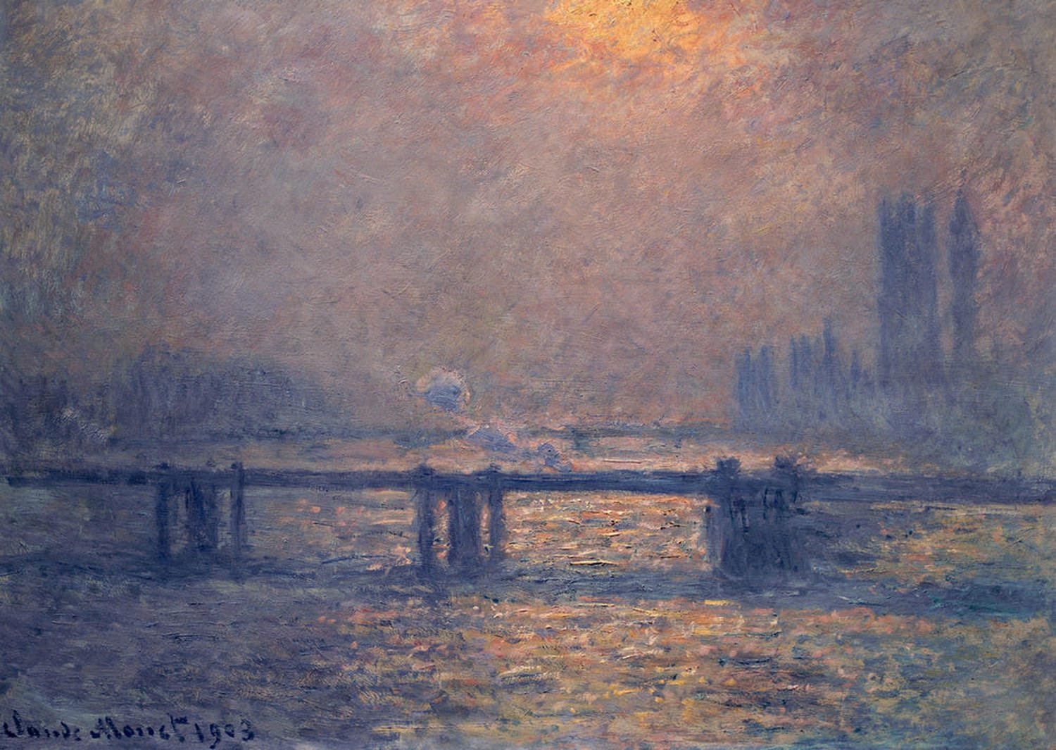Das Gemälde zeigt die Charing-Cross-Brücke über die Themse in London, eingefangen im impressionistischen Stil. Monet nutzt fließende Pinselstriche und gedeckte Farben, um die Brücke, den Fluss und den sanft reflektierenden Himmel darzustellen.