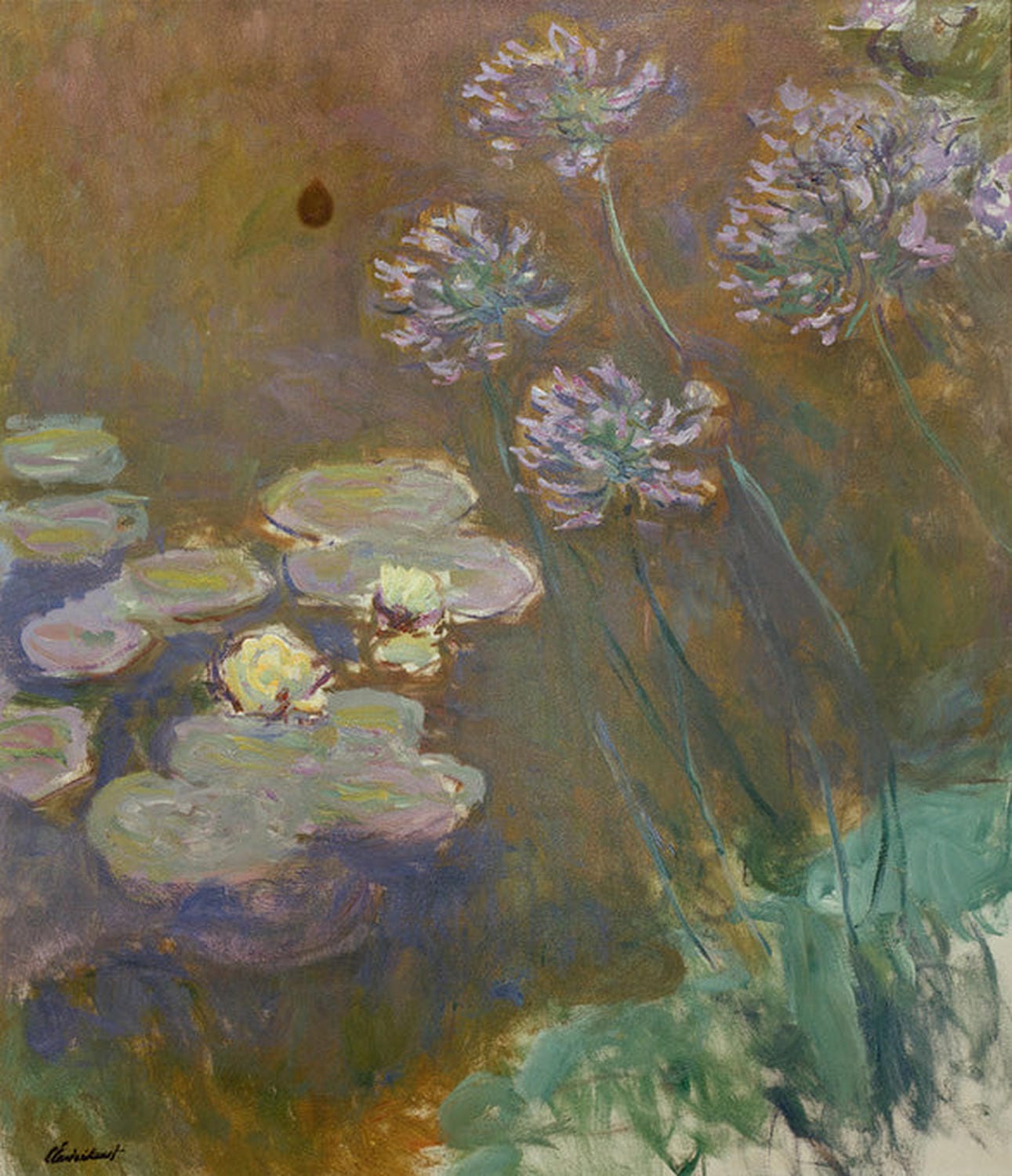 Impressionistisches Gemälde von Claude Monet mit Seerosen und Agapanthus in weichen Farben.